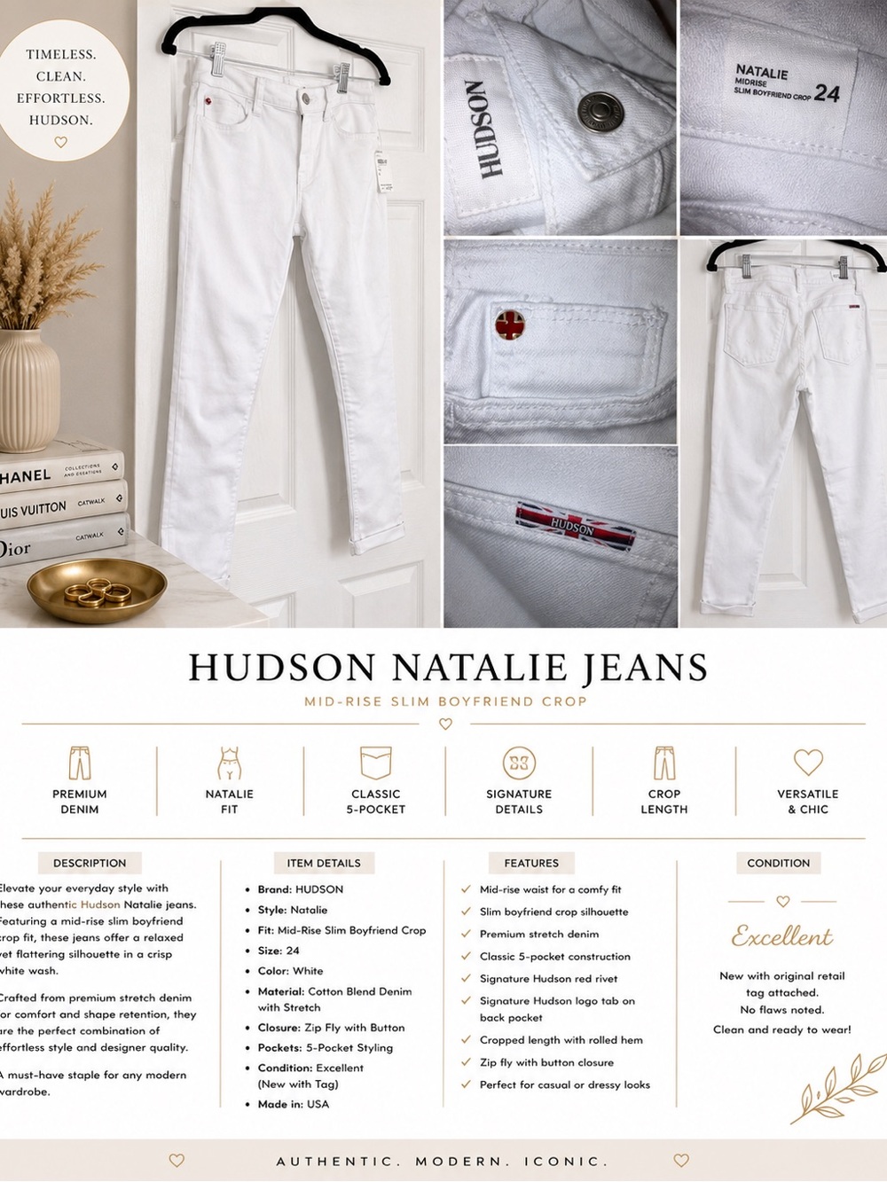 Hudson Natalie Mid-Rise Slim Boyfriend Crop Jeans - White